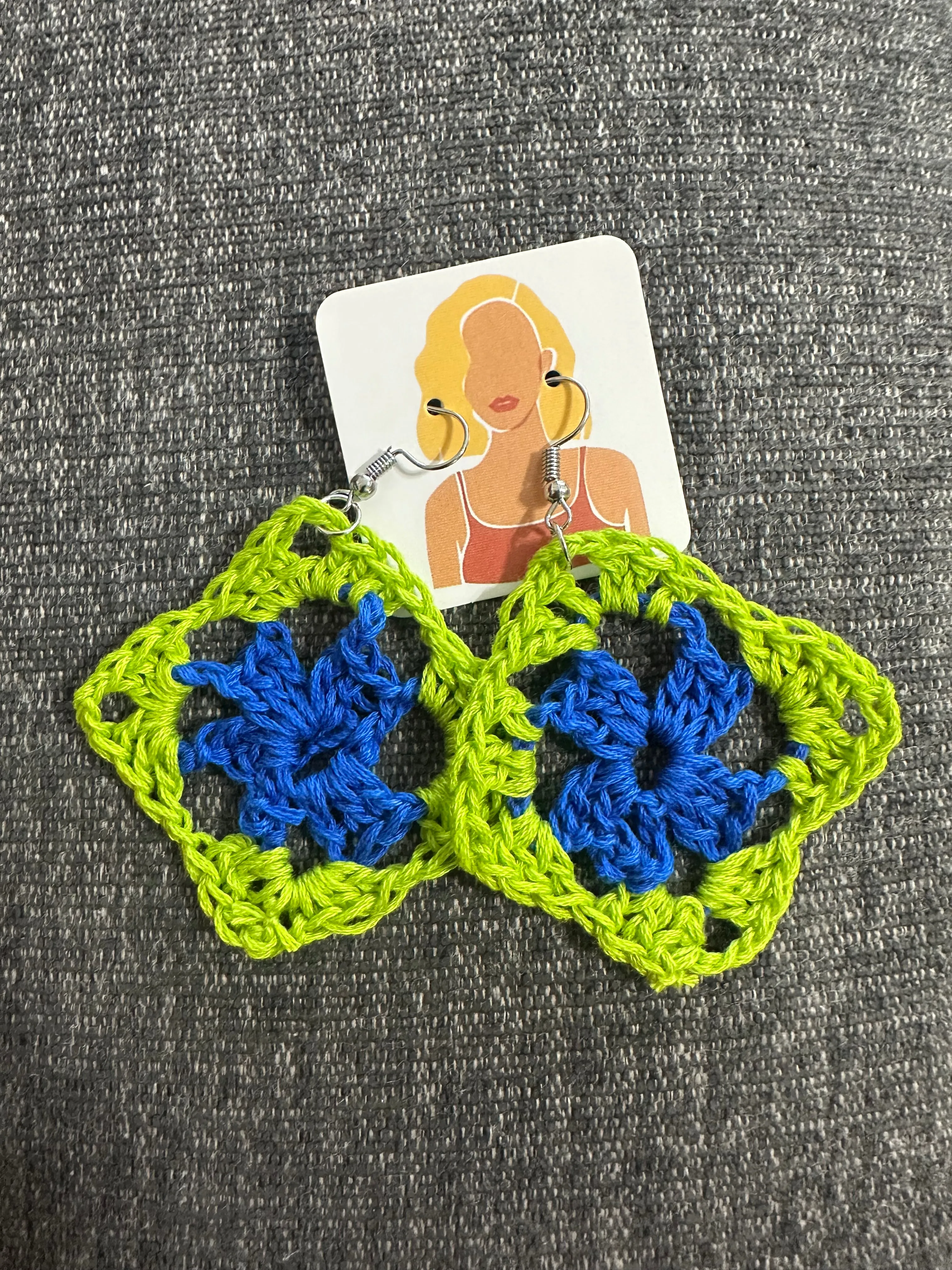 Blue and lime green granny square earrings