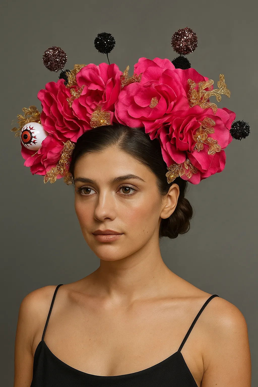 Handcrafted Pink and Gold Rose Headpiece with Creepy Eyeball
