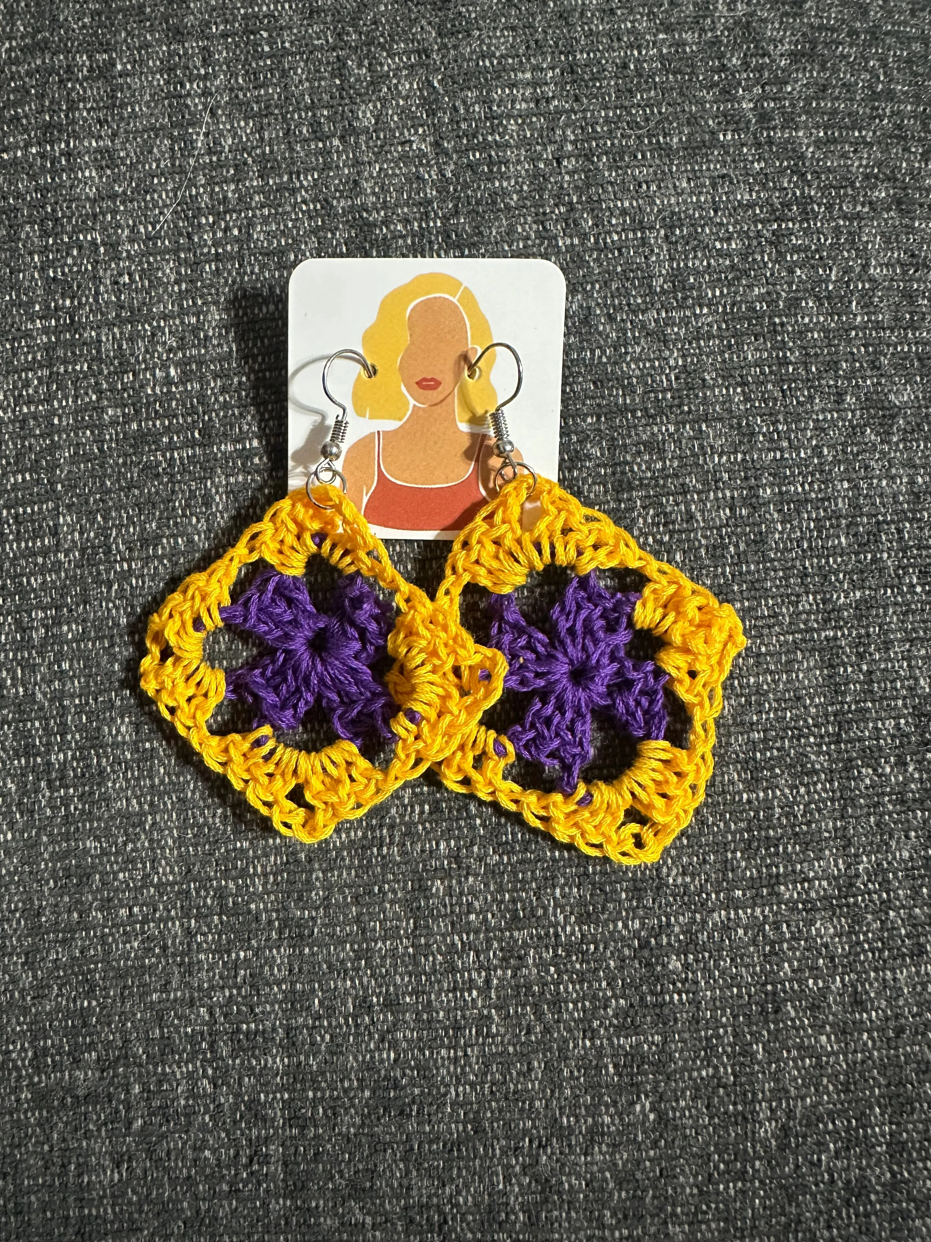 Purple and yellow granny square earrings